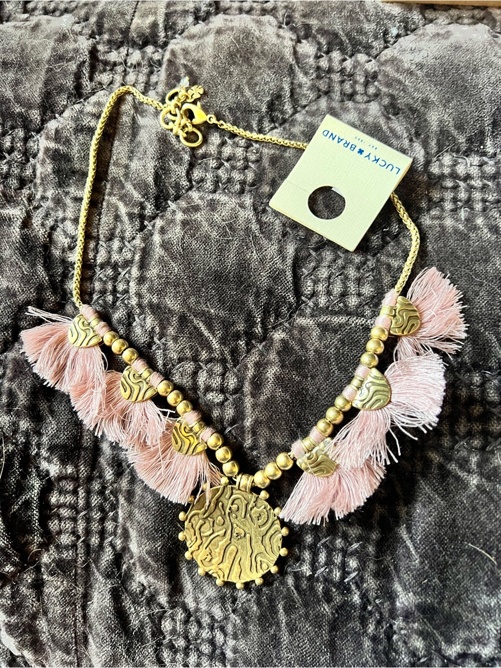 Lucky Brand Blush Pink Tassel Necklace with Antique Gold Medallion